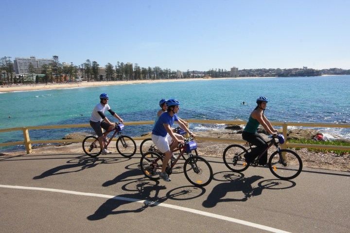 A group of friends biking.